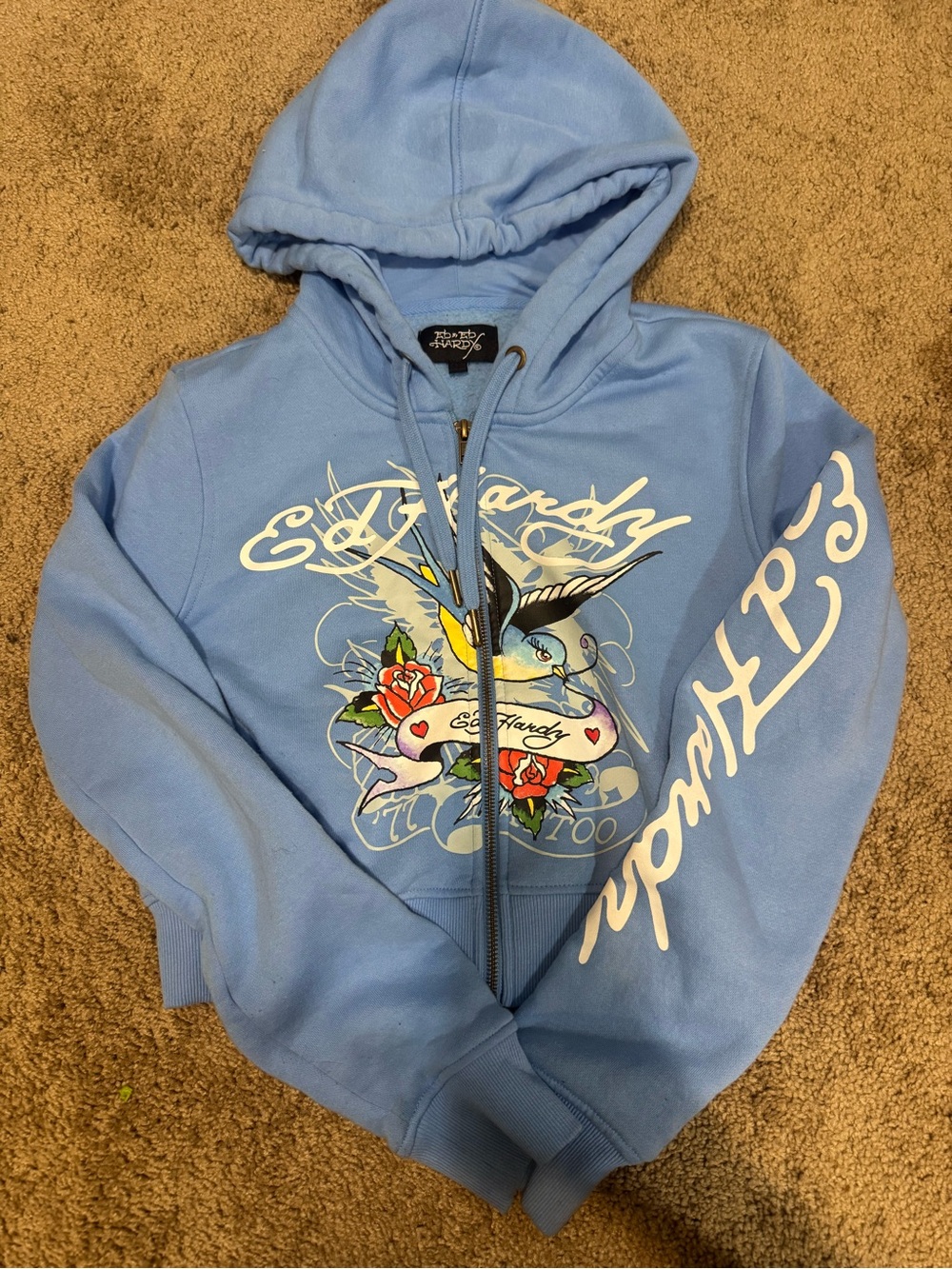 Ed Hardy Sky Blue Zip Hoodie with Tattoo Swallow & Rose Graphic